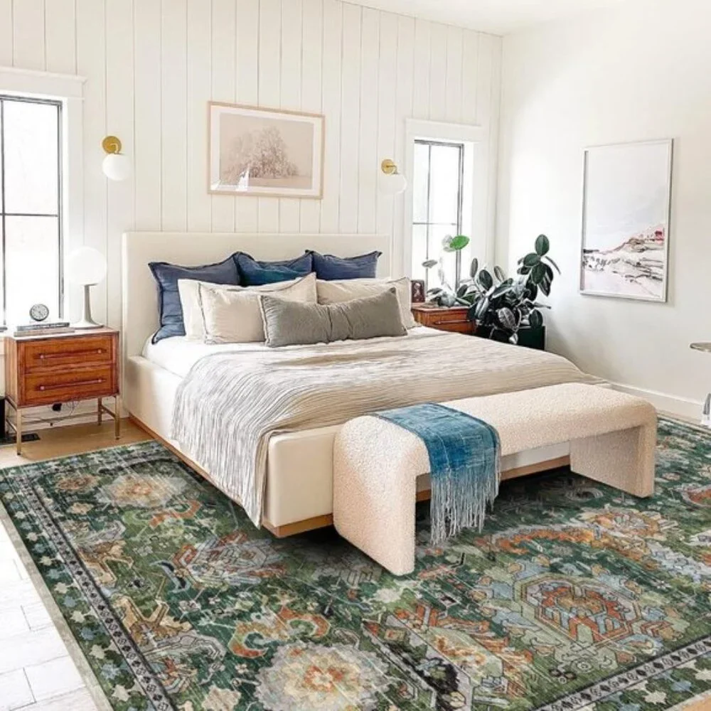 New 5x7 Green Washable Area Rug, Non-Slip Vintage Tribal Carpet for Any Room